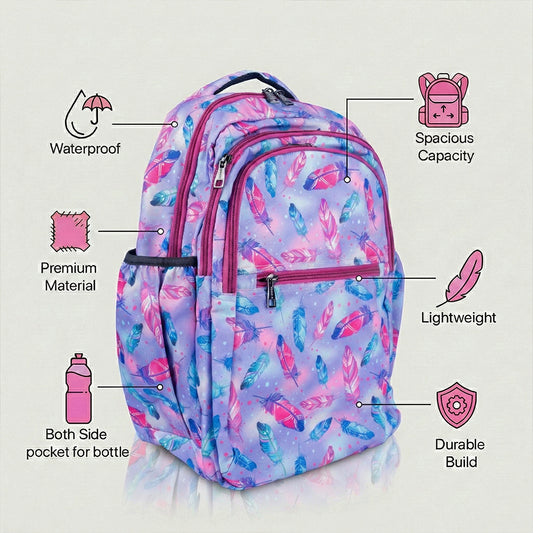 18 Inch Girls' Backpack - Pastel Feather Print, Waterproof, Multi-Compartment School Bag Bagmire
