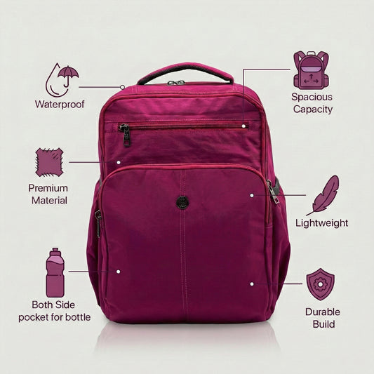 BAGMIRE Fuchsia Pink Nylon Backpack – Lightweight Travel, College & Office Bag for Women & Girls