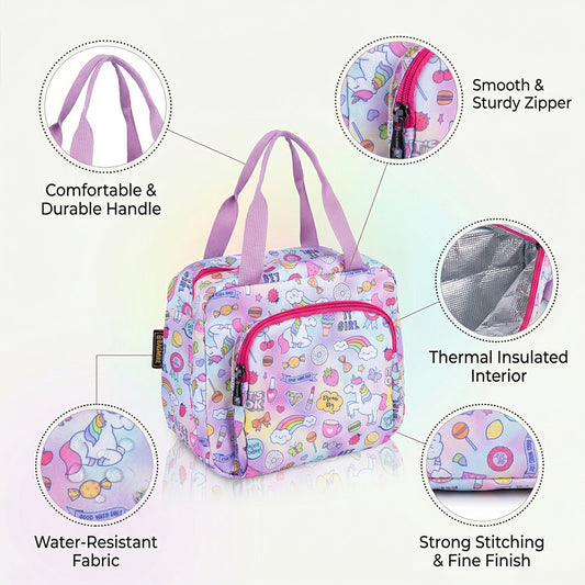 Bagmire Insulated Lunch Bag for Girls - Unicorn & Rainbow Print, Waterproof, Double Compartment, Silver Foil Lining - Made in India