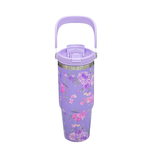 Floral Insulated 900ML Tumbler with Handle and Straw Lid Purple - Bagmire