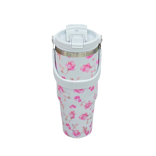 Floral Insulated 900ML Tumbler with Handle and Straw Lid Pink - Bagmire