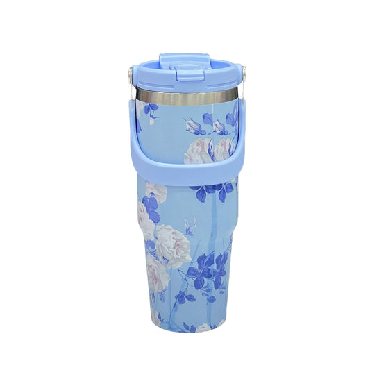 Floral Insulated 900ML Tumbler with Handle and Straw Lid Blue - Bagmire