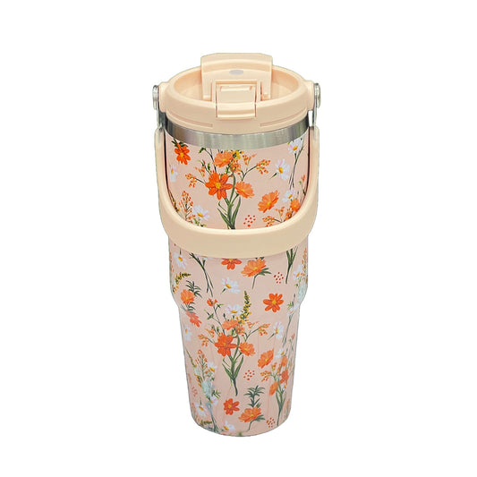 Floral Insulated 900ML Tumbler with Handle and Straw Lid Orange - Bagmire