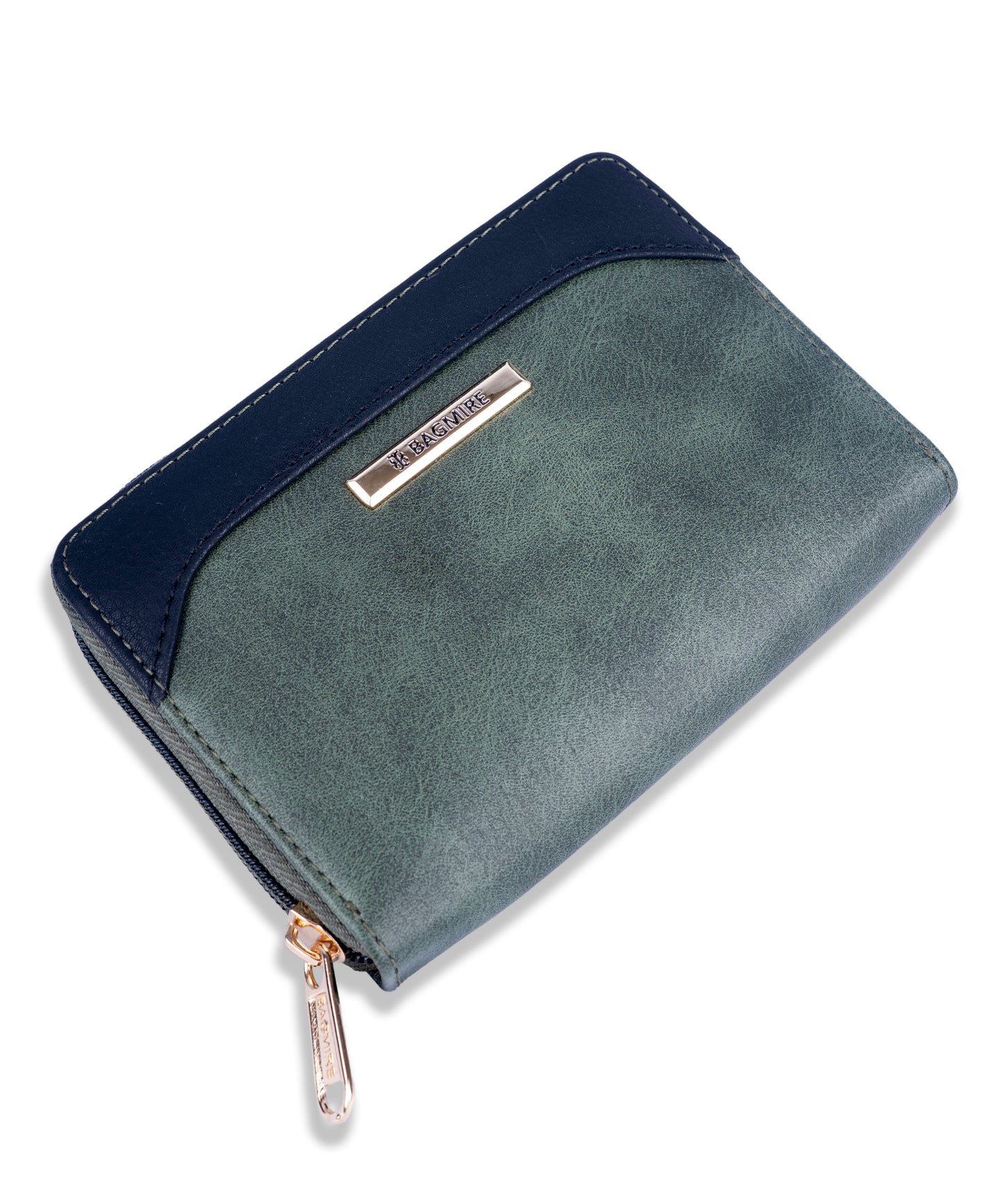 Bagmire Women's Small Wallet | Dual-Tone Zip-Around PU Leather Mini Purse, Slate Green & Navy
