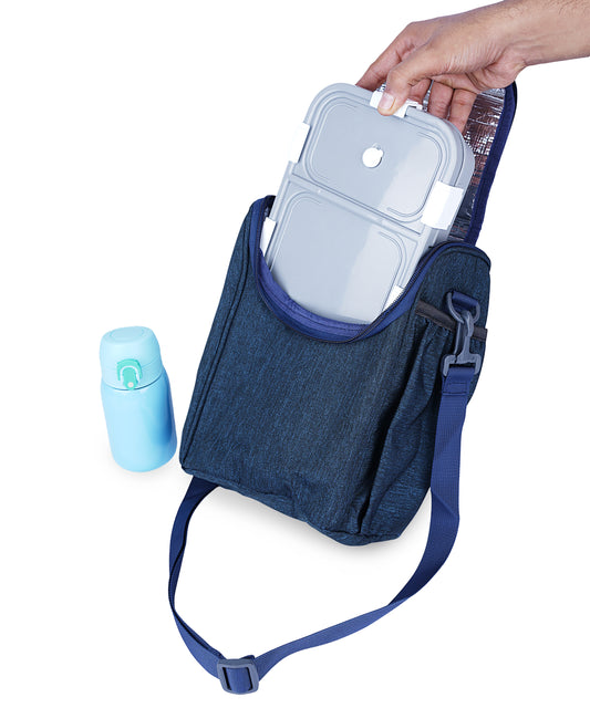 BAGMIRE Insulated Lunch Bag for Office & Travel – Premium Denim Style Food Carry Bag with Bottle Holder, Adjustable Strap & Thermal Lining