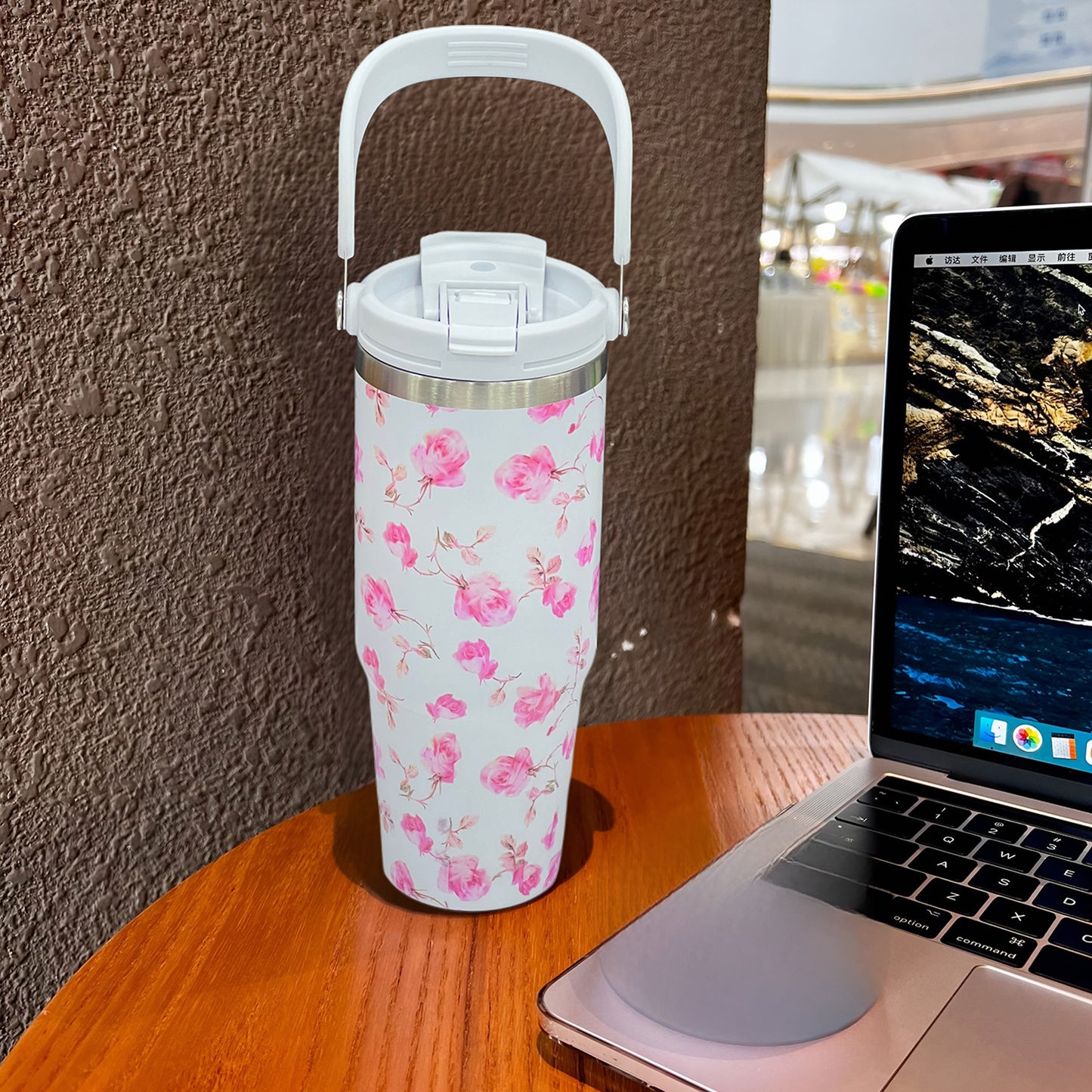 Floral Insulated 900ML Tumbler with Handle and Straw Lid Pink - Bagmire