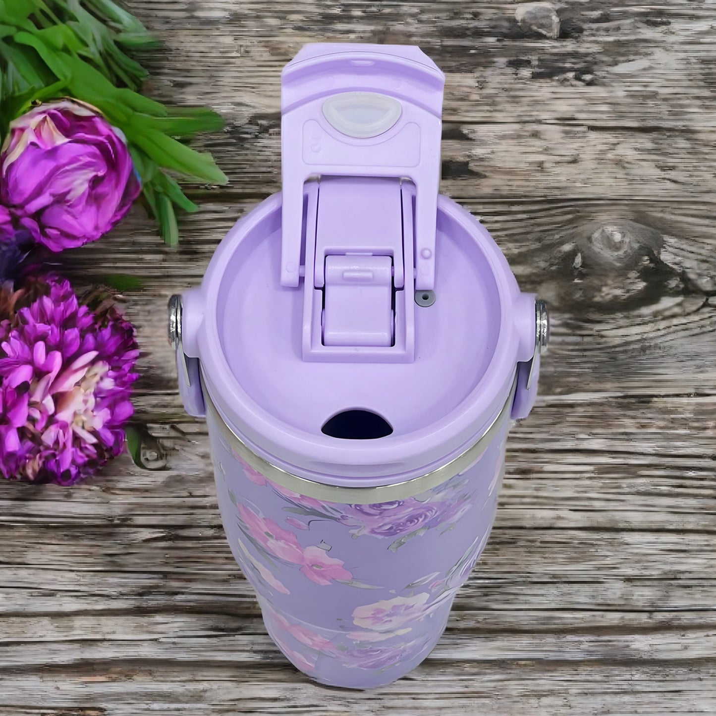 Floral Insulated 900ML Tumbler with Handle and Straw Lid Purple - Bagmire