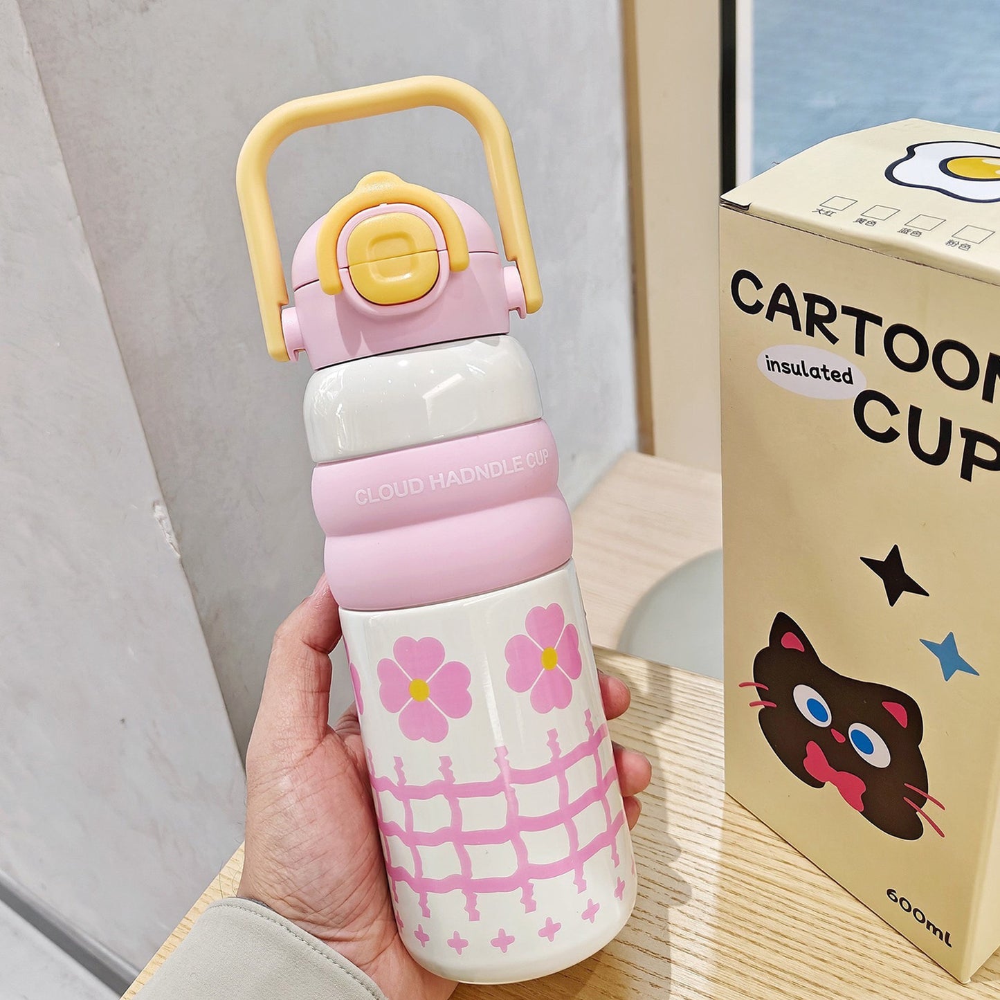 Kids Water Bottle with Handle – Cute Design(BPA-Free, Leak-Proof, 600ml)-pink - Bagmire