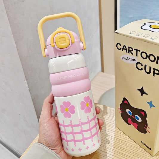 Kids Water Bottle with Handle – Cute Design(BPA-Free, Leak-Proof, 600ml)-pink - Bagmire