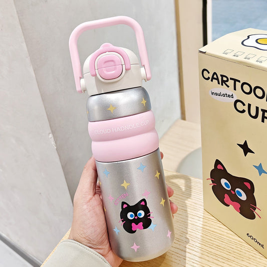 Kids Water Bottle with Handle – Cute Design(BPA-Free, Leak-Proof, 600ml)-kitty pink - Bagmire