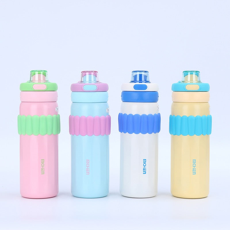 Macaron Insulated Water Bottle 550ml | Leakproof Stainless Steel Sipper with Straw Lid & Silicone Grip | Cute Travel Flask for Kids & Adults