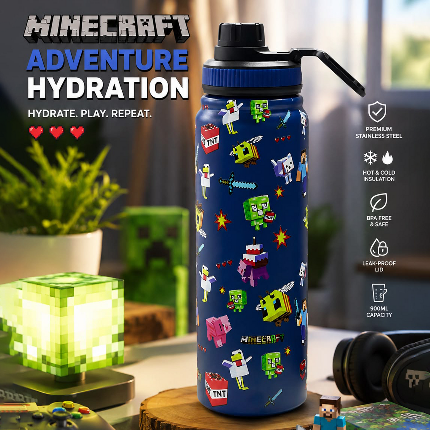 BAGMIRE Minecraft Pixel Adventure 800ml Premium Insulated Stainless Steel Water Bottle | Leakproof Vacuum Flask for School, Travel & Gaming