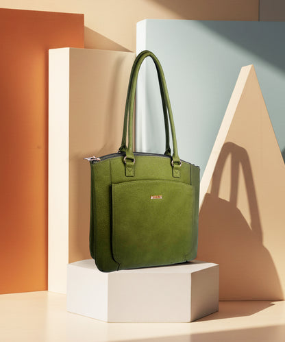 Women's Green Faux Leather Tote Bag| Spacious Shoulder Bag