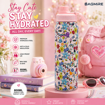 Cute Unicorn Insulated Stainless Steel Water Bottle for Girls | 800ml Leakproof School Bottle | Kawaii Aesthetic Travel Flask