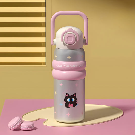 Kids Water Bottle with Handle – Cute Design(BPA-Free, Leak-Proof, 600ml)-kitty pink - Bagmire