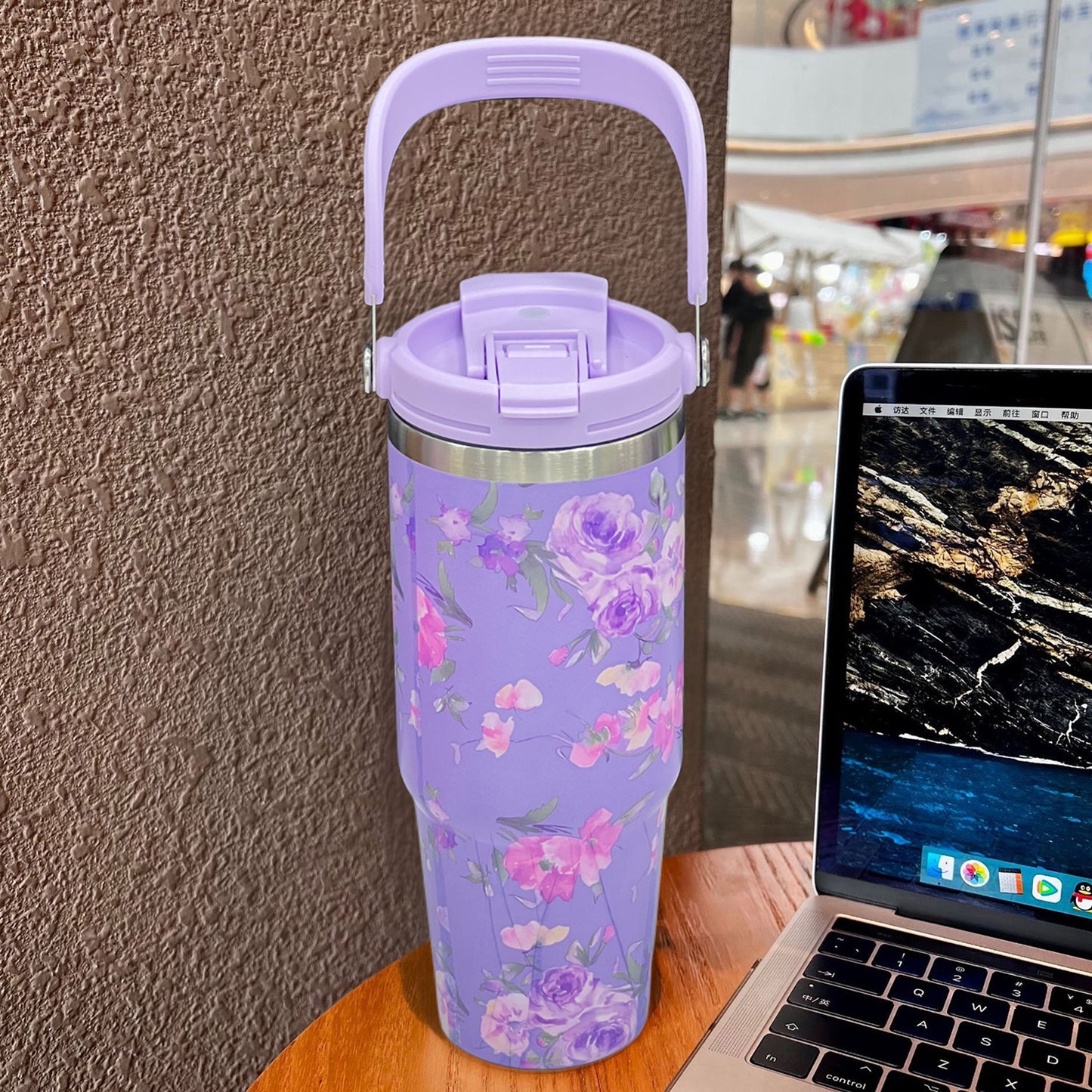 Floral Insulated 900ML Tumbler with Handle and Straw Lid Purple - Bagmire