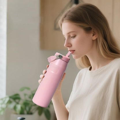 Large Capacity Insulated Water Bottle with Handle - Stainless Steel, Leakproof, Wide Mouth Flip Cap for Gym, Sport & Outdoor