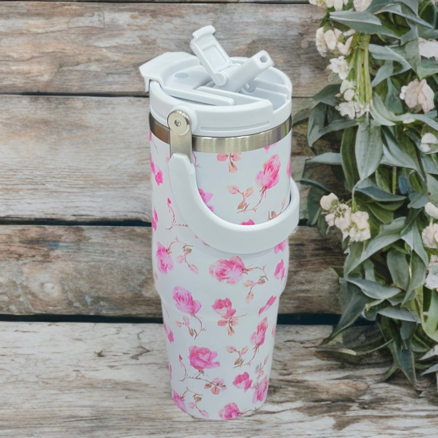 Floral Insulated 900ML Tumbler with Handle and Straw Lid Pink - Bagmire