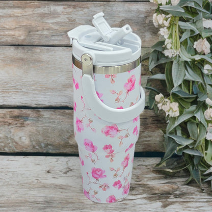Floral Insulated 900ML Tumbler with Handle and Straw Lid Pink - Bagmire