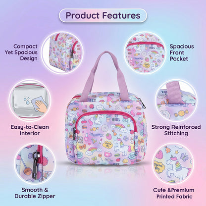 Bagmire Insulated Lunch Bag for Girls - Unicorn & Rainbow Print, Waterproof, Double Compartment, Silver Foil Lining - Made in India