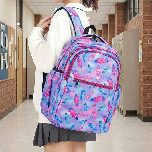 18 Inch Girls' Backpack - Pastel Feather Print, Waterproof, Multi-Compartment School Bag Bagmire