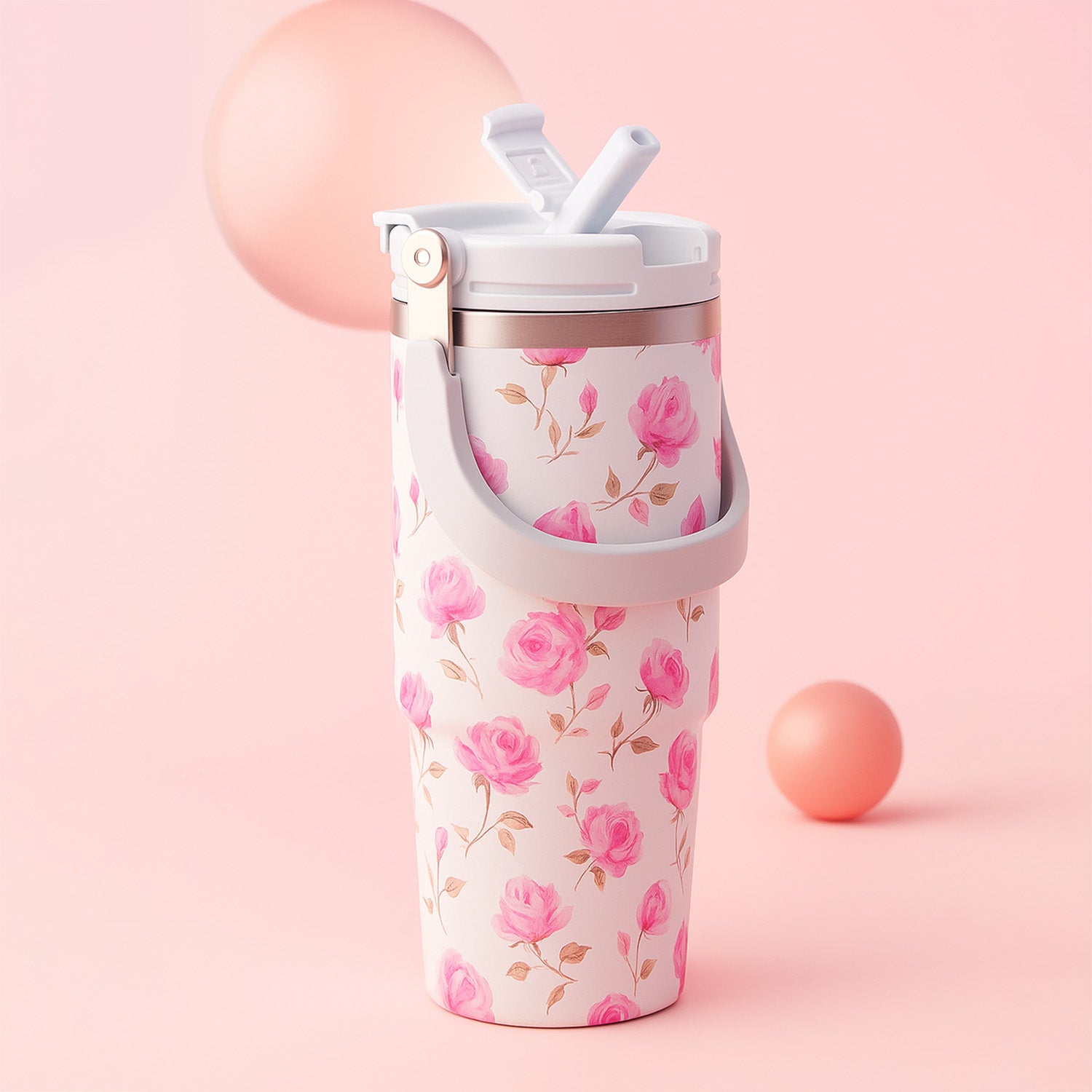 Floral Insulated 900ML Tumbler with Handle and Straw Lid Pink - Bagmire