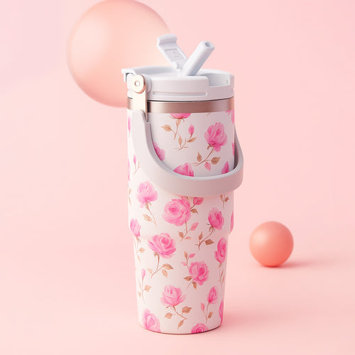 Floral Insulated 900ML Tumbler with Handle and Straw Lid Pink