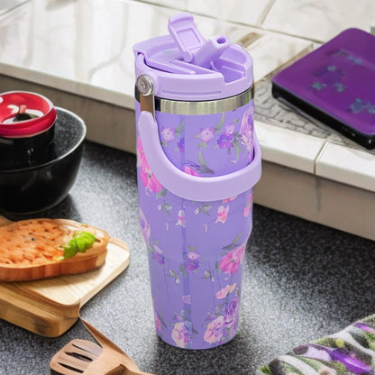 Floral Insulated 900ML Tumbler with Handle and Straw Lid Purple - Bagmire
