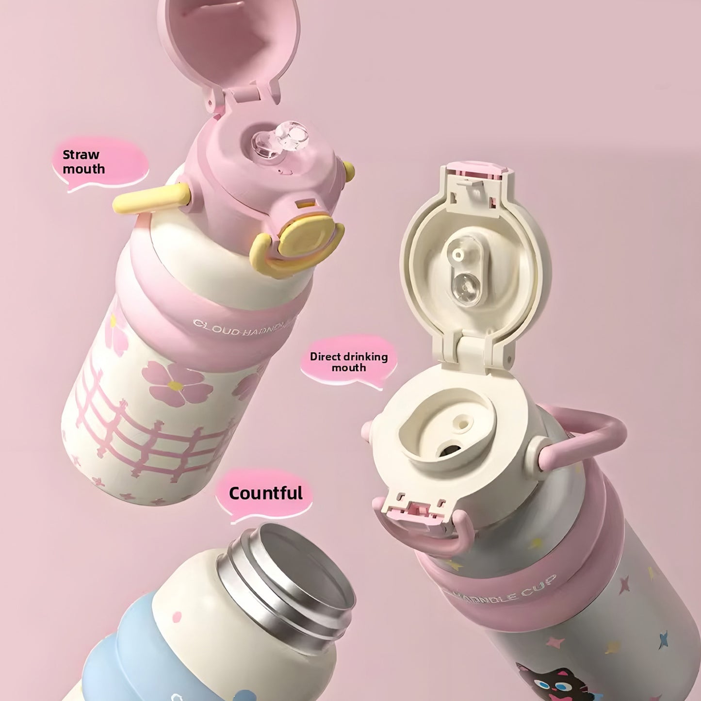 Kids Water Bottle with Handle – Cute Design(BPA-Free, Leak-Proof, 600ml)-pink - Bagmire