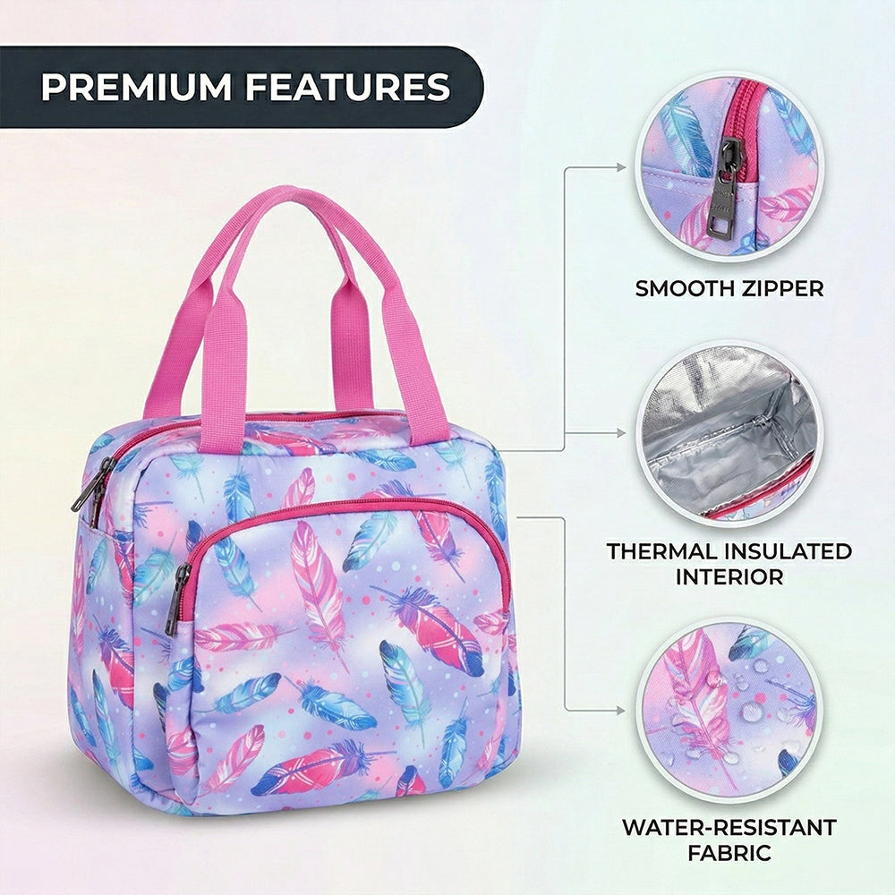 Feather print Insulated Lunch Bag – Waterproof, Dual Compartments, Foil Lining | BAGMIRE