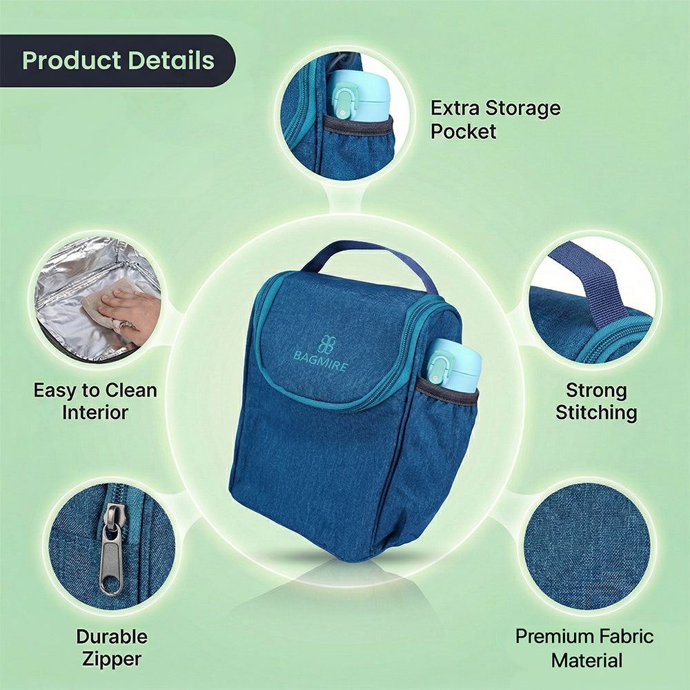 BAGMIRE Insulated Lunch Bag for Office & Travel – Premium Denim Style Food Carry Bag with Bottle Holder, Adjustable Strap & Thermal Lining