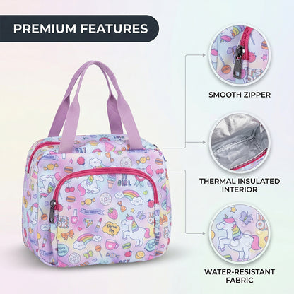 Bagmire Insulated Lunch Bag for Girls - Unicorn & Rainbow Print, Waterproof, Double Compartment, Silver Foil Lining - Made in India