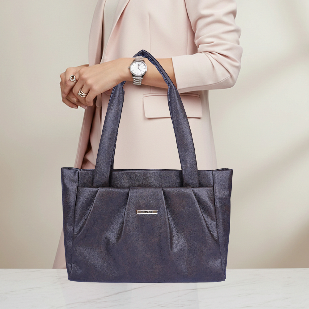 Bagmire Women's Pleated Faux Leather Tote- Padded Handle Shoulder Bag