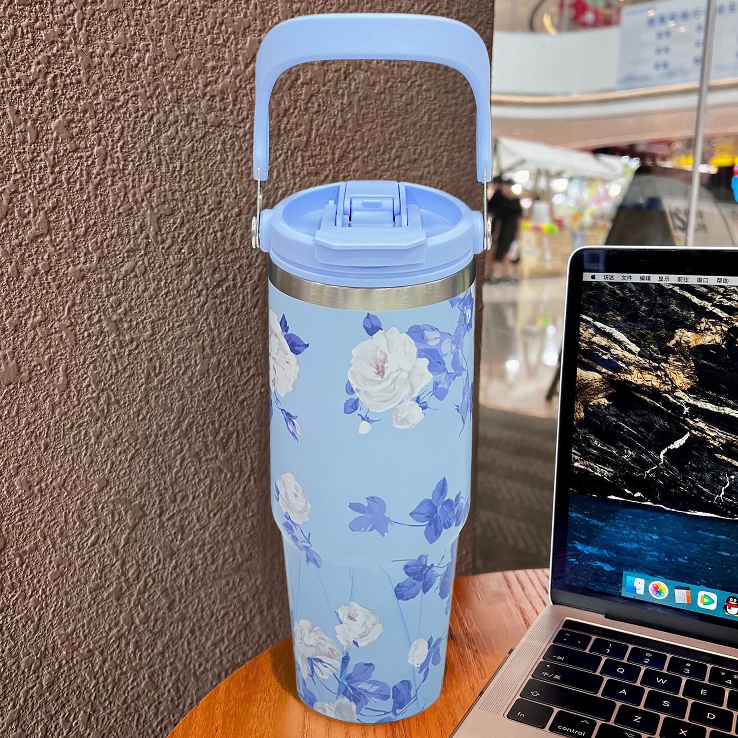 Floral Insulated 900ML Tumbler with Handle and Straw Lid Blue - Bagmire