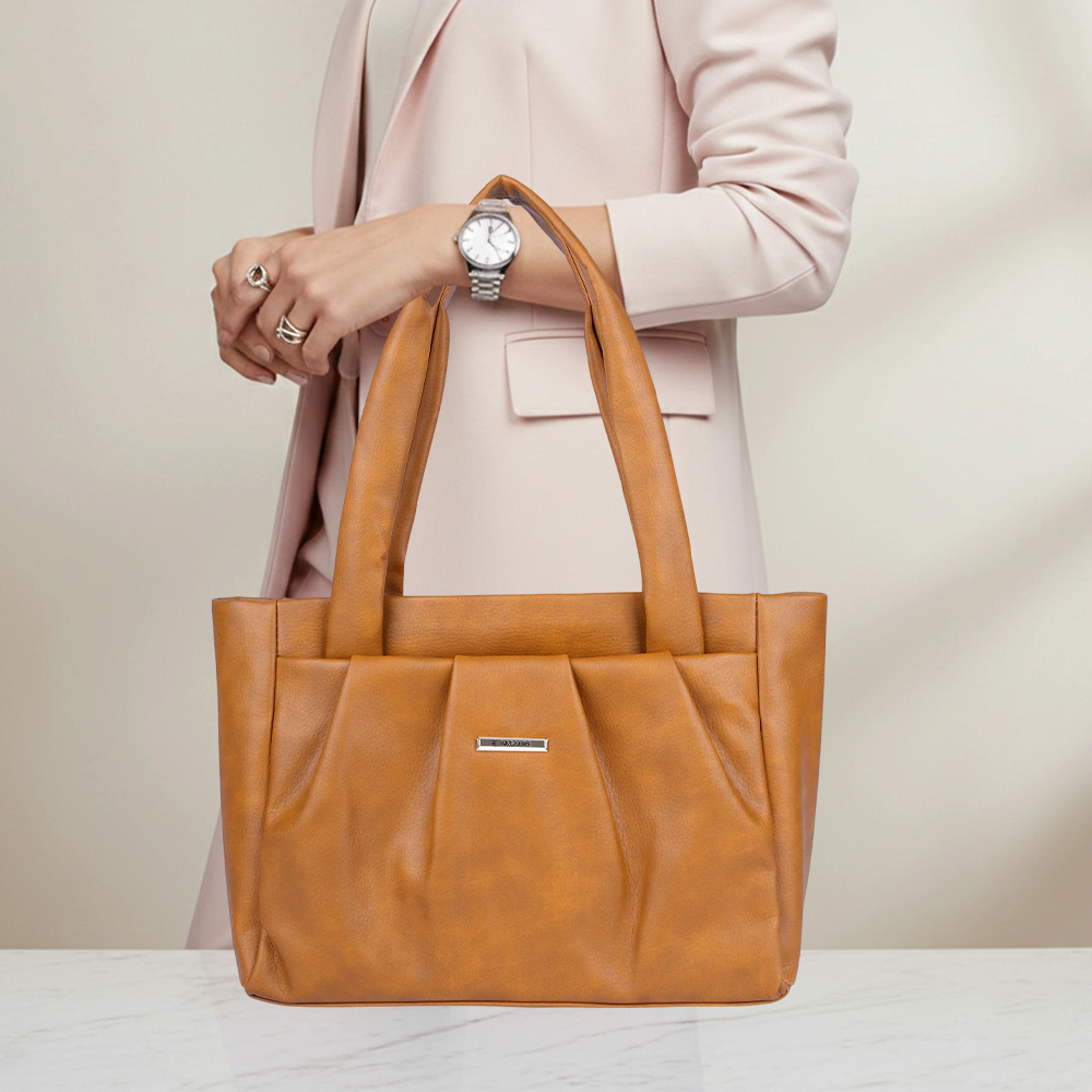 Bagmire Women's Pleated Faux Leather Tote- Padded Handle Shoulder Bag