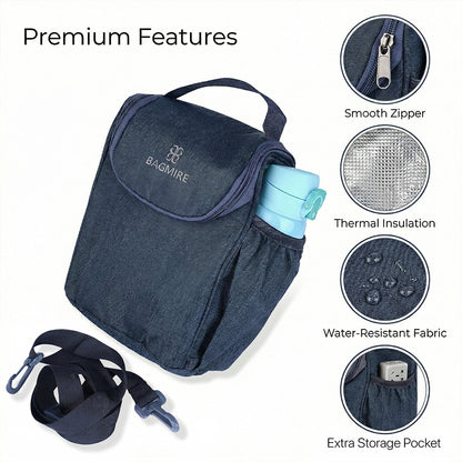 BAGMIRE Insulated Lunch Bag for Office & Travel – Premium Denim Style Food Carry Bag with Bottle Holder, Adjustable Strap & Thermal Lining