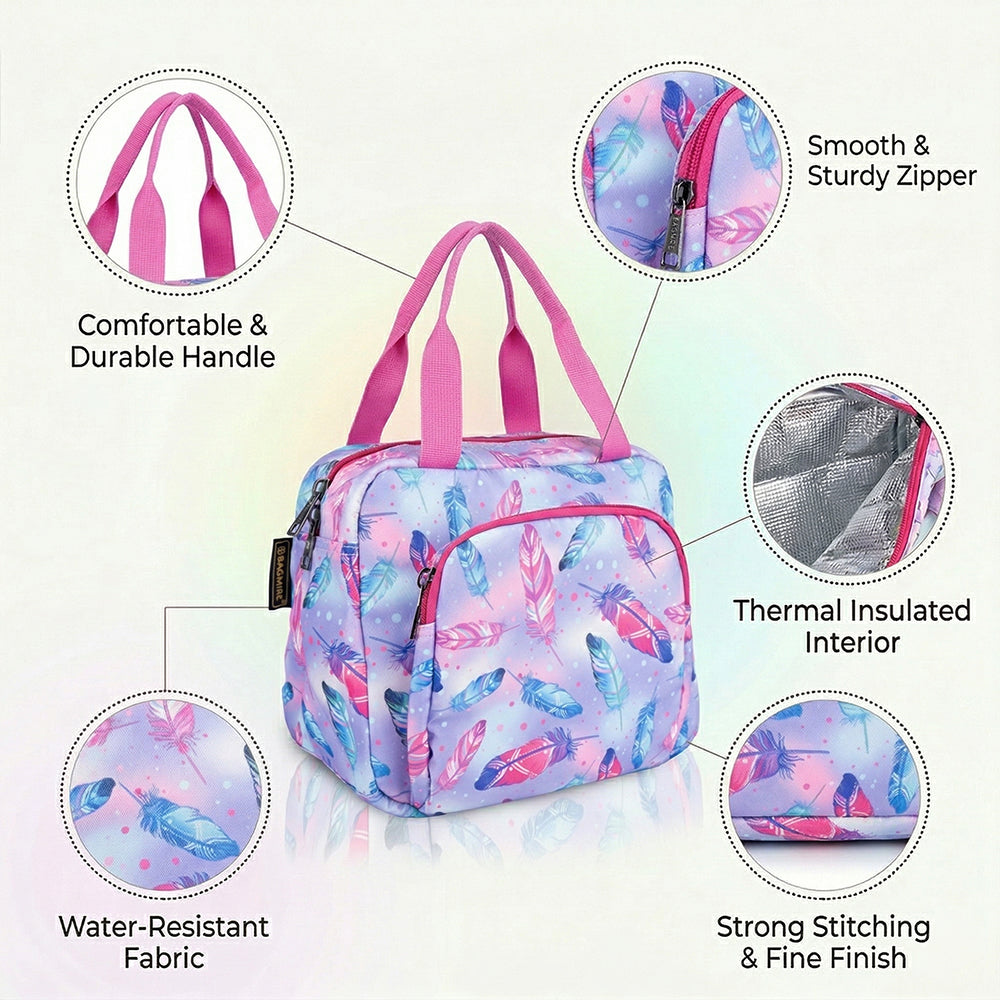 Feather print Insulated Lunch Bag – Waterproof, Dual Compartments, Foil Lining | BAGMIRE