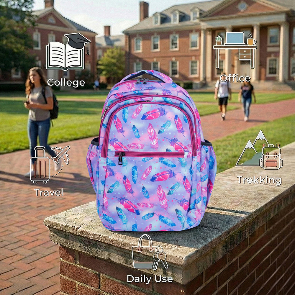 18 Inch Girls' Backpack - Pastel Feather Print, Waterproof, Multi-Compartment School Bag Bagmire