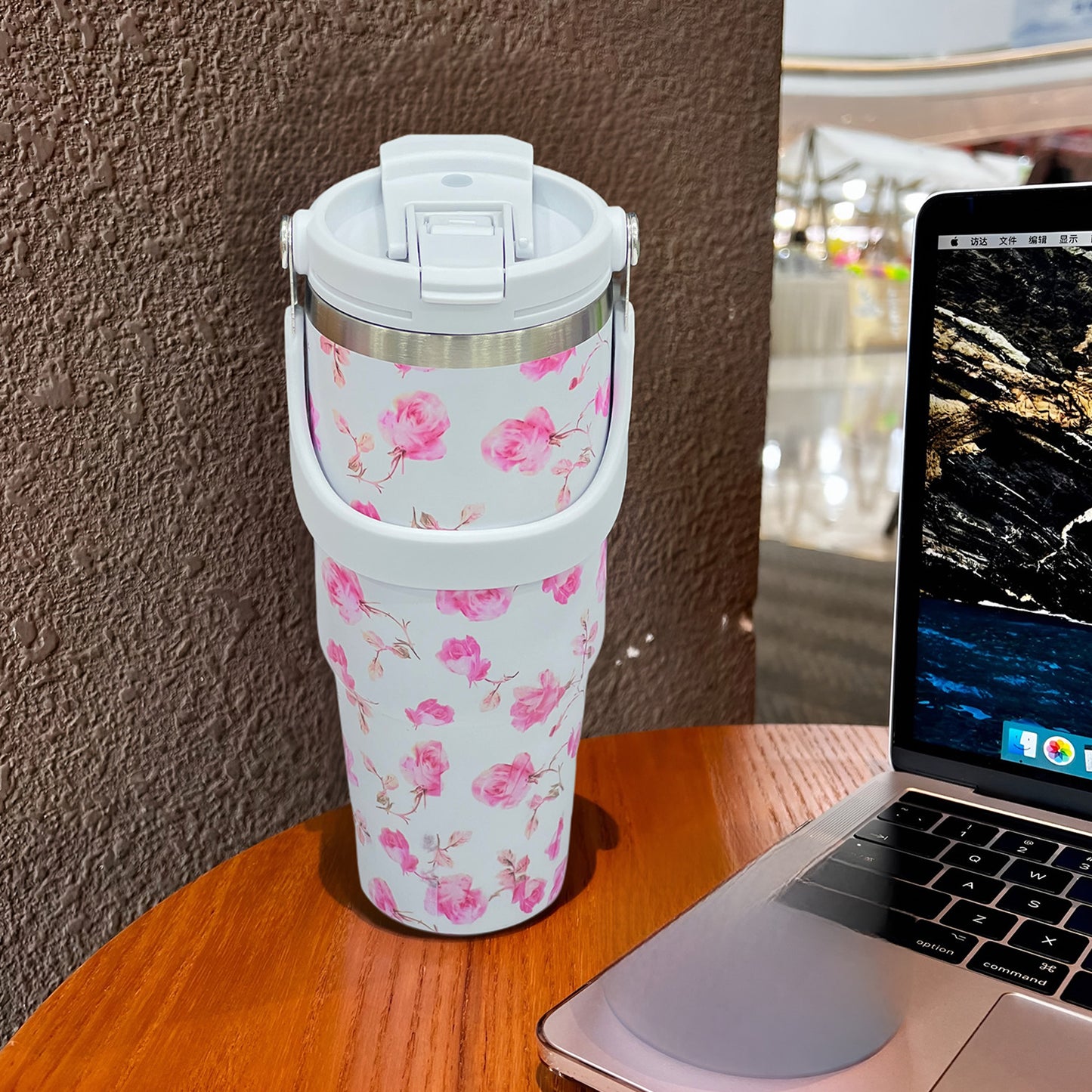 Floral Insulated 900ML Tumbler with Handle and Straw Lid Pink - Bagmire