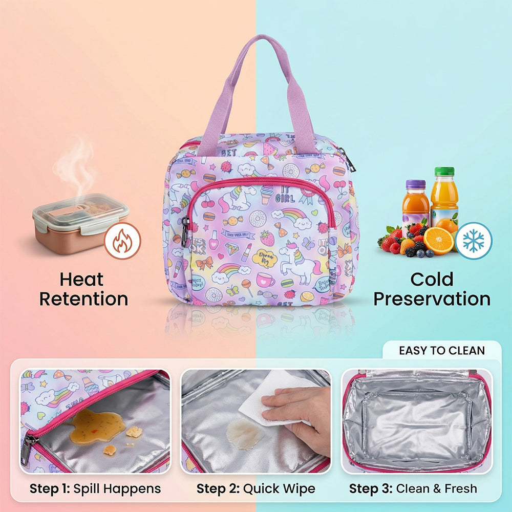 Bagmire Insulated Lunch Bag for Girls - Unicorn & Rainbow Print, Waterproof, Double Compartment, Silver Foil Lining - Made in India