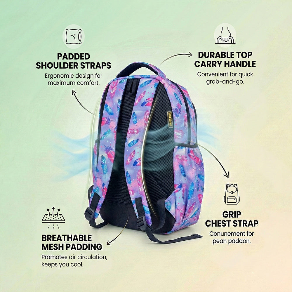 18 Inch Girls' Backpack - Pastel Feather Print, Waterproof, Multi-Compartment School Bag Bagmire