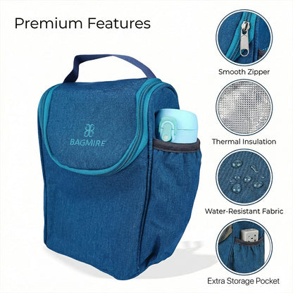 BAGMIRE Insulated Lunch Bag for Office & Travel – Premium Denim Style Food Carry Bag with Bottle Holder, Adjustable Strap & Thermal Lining