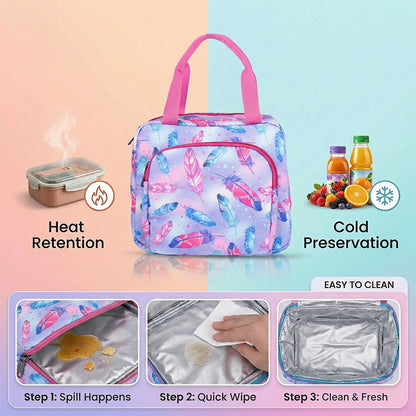 Feather print Insulated Lunch Bag – Waterproof, Dual Compartments, Foil Lining | BAGMIRE