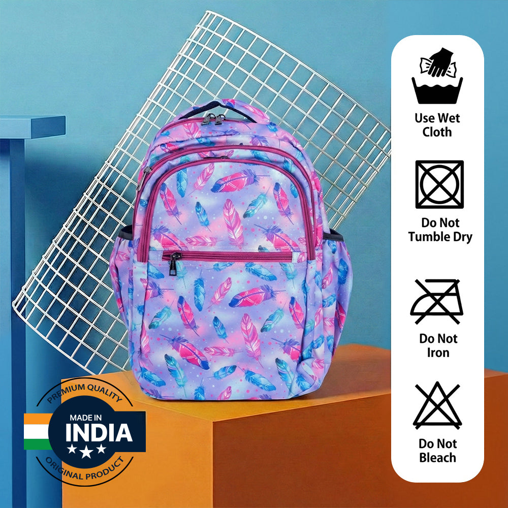 18 Inch Girls' Backpack - Pastel Feather Print, Waterproof, Multi-Compartment School Bag Bagmire