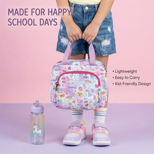 Bagmire Insulated Lunch Bag for Girls - Unicorn & Rainbow Print, Waterproof, Double Compartment, Silver Foil Lining - Made in India