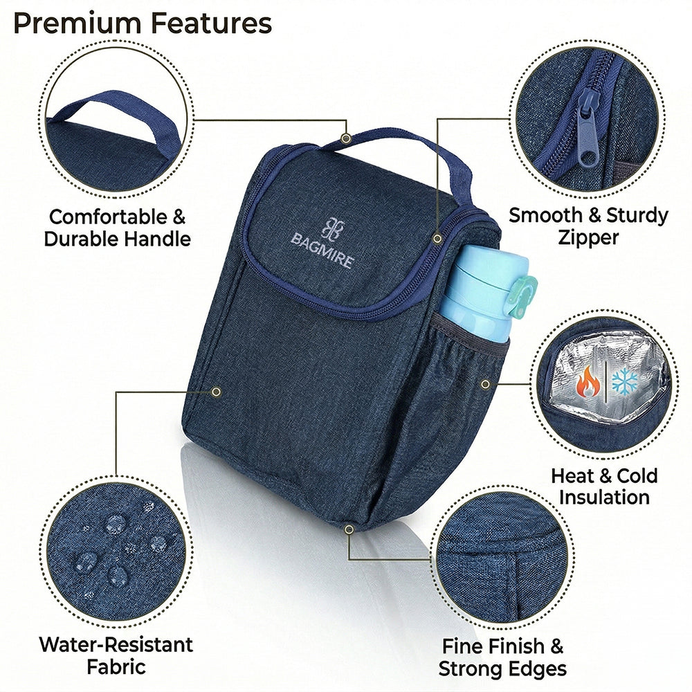 BAGMIRE Insulated Lunch Bag for Office & Travel – Premium Denim Style Food Carry Bag with Bottle Holder, Adjustable Strap & Thermal Lining