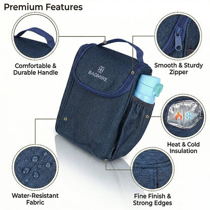 BAGMIRE Insulated Lunch Bag for Office & Travel – Premium Denim Style Food Carry Bag with Bottle Holder, Adjustable Strap & Thermal Lining