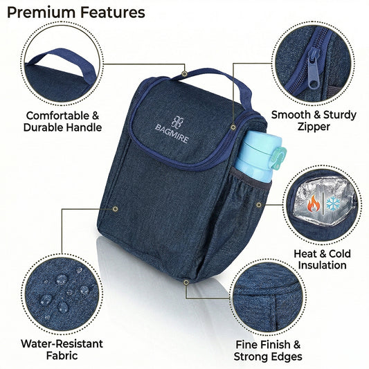 BAGMIRE Insulated Lunch Bag for Office & Travel – Premium Denim Style Food Carry Bag with Bottle Holder, Adjustable Strap & Thermal Lining
