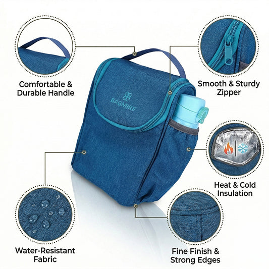 BAGMIRE Insulated Lunch Bag for Office & Travel – Premium Denim Style Food Carry Bag with Bottle Holder, Adjustable Strap & Thermal Lining