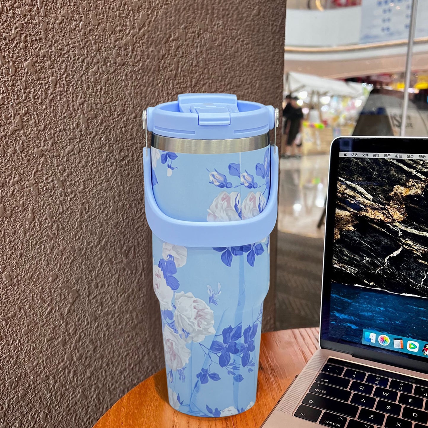 Floral Insulated 900ML Tumbler with Handle and Straw Lid Blue - Bagmire